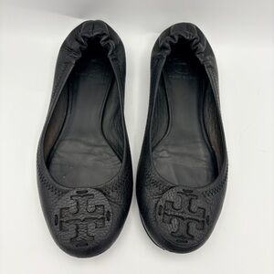 Tory Burch Black Leather Logo Ballet Flats